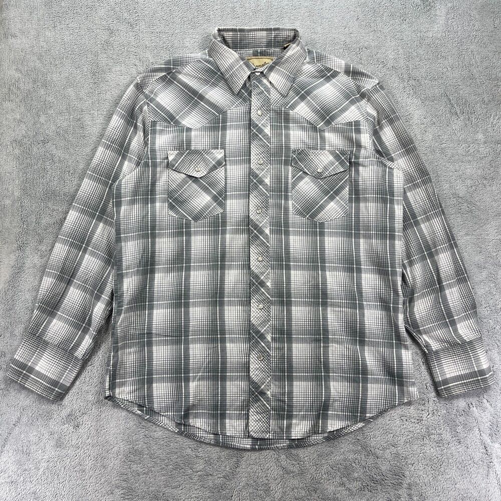 Wrangler Western Shirt Mens Large Gray White Plaid Y2K Pearl Snap Cowboy Ranch